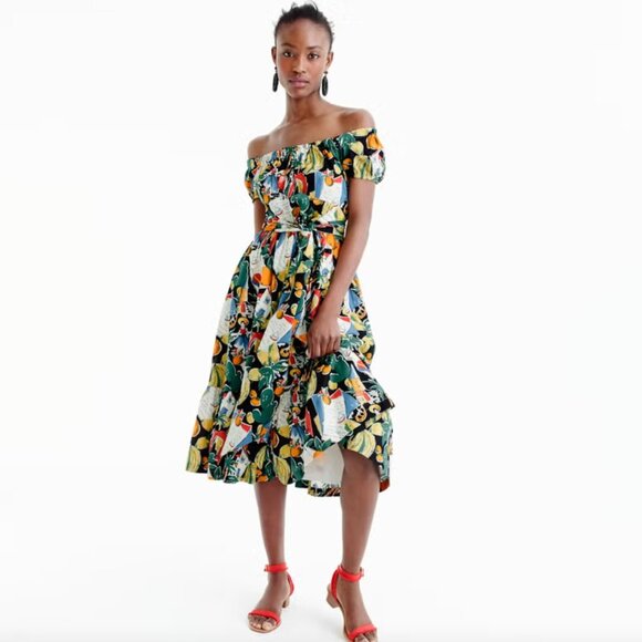J Crew Off Shoulder Ruffle Hem Fruity Vintage Postcard Tropical Dress - Picture 1 of 10